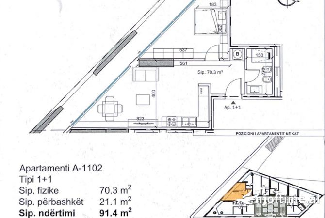 Shtepi ne shitje Apartament ne Tirane, 1+1, Mobilimi Bosh, pa mobiluar, Pagesa 201,080  Euro.
