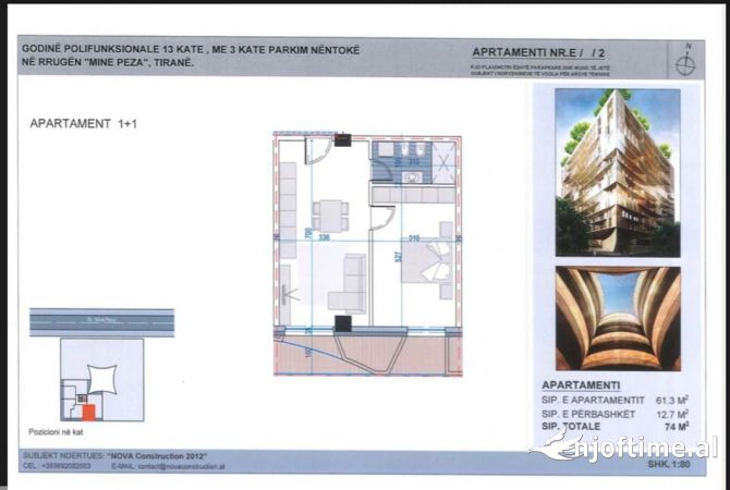 Shtepi ne shitje Apartament ne Tirane, 1+1, Mobilimi Bosh, pa mobiluar, Pagesa 155,000  Euro.