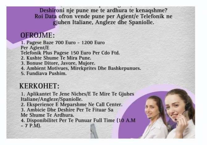 Njoftime Pune Agjent/e Telefonik Anglisht/ Italisht/ Spanjisht.
