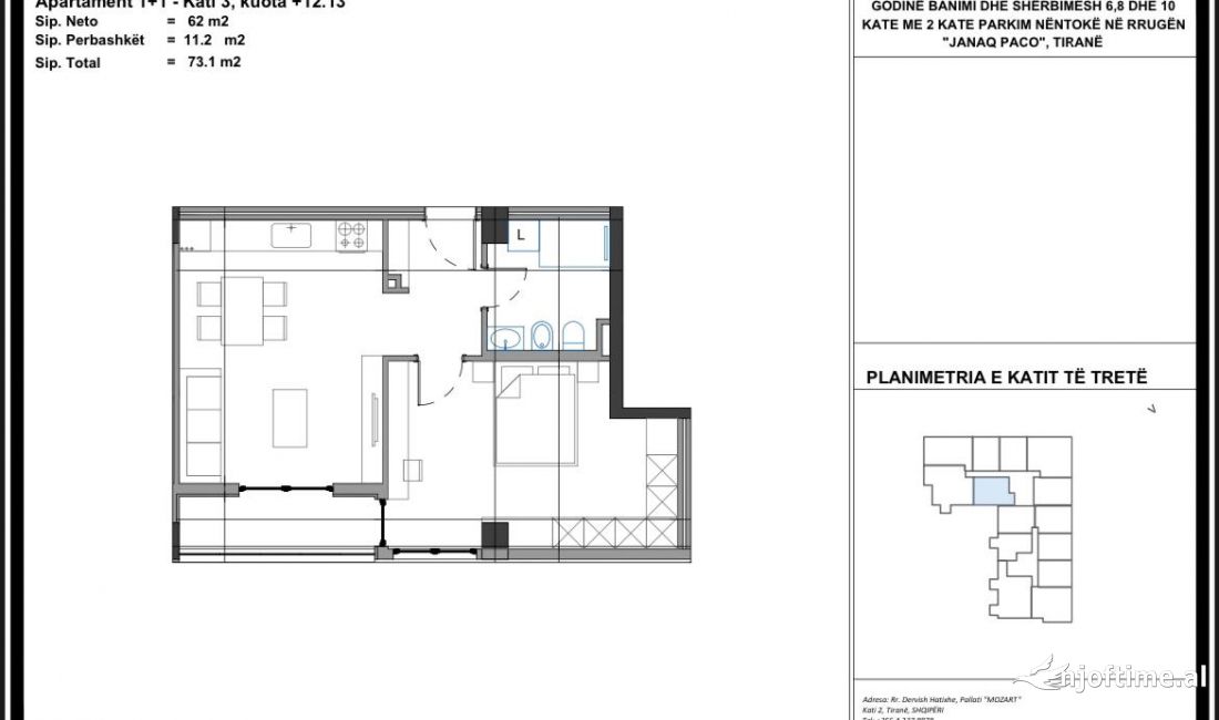 Shtepi ne shitje Apartament ne Tirane, 1+1, Mobilimi Bosh, pa mobiluar, Pagesa 109,901  Euro.