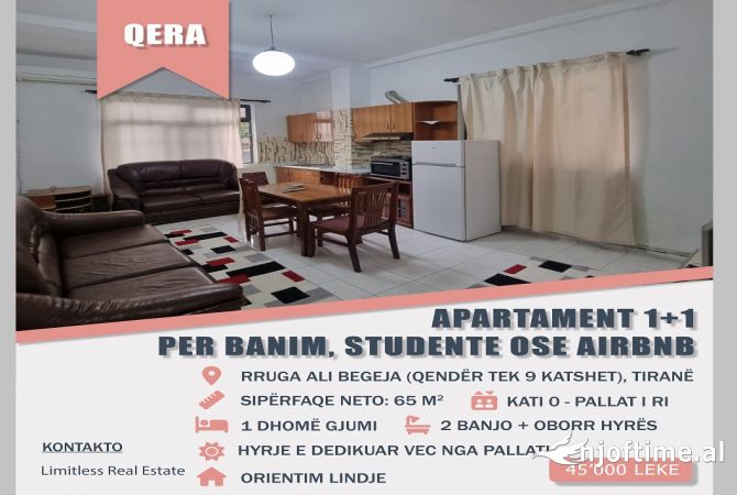Shtepi me qera 1+1 ne Tirane - 45,000 Leke