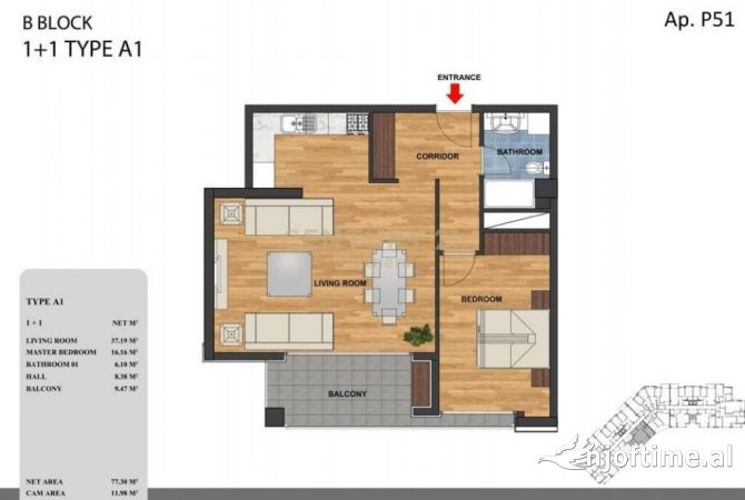 Shtepi ne shitje Apartament ne Tirane, 1+1, Mobilimi Bosh, pa mobiluar, Pagesa 156,500  Euro.