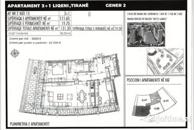 Shtepi ne shitje Apartament ne Tirane, 2+1, Mobilimi Bosh, pa mobiluar, Pagesa 487,000  Euro.