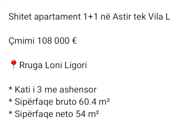 Shtepi ne shitje 1+1 ne Tirane - 108,000 Euro