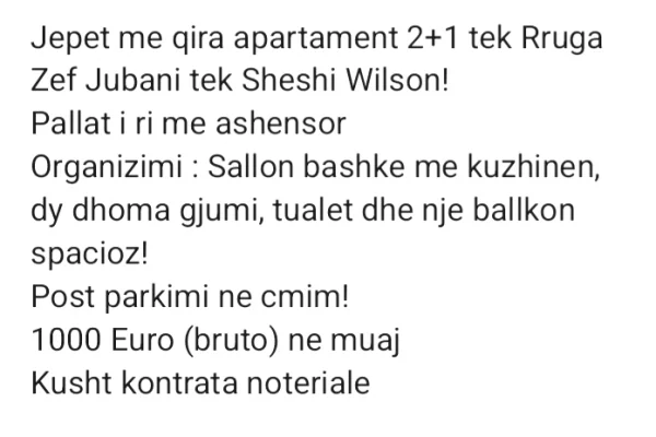 Shtepi me qera 2+1 ne Tirane - 1,000 Euro